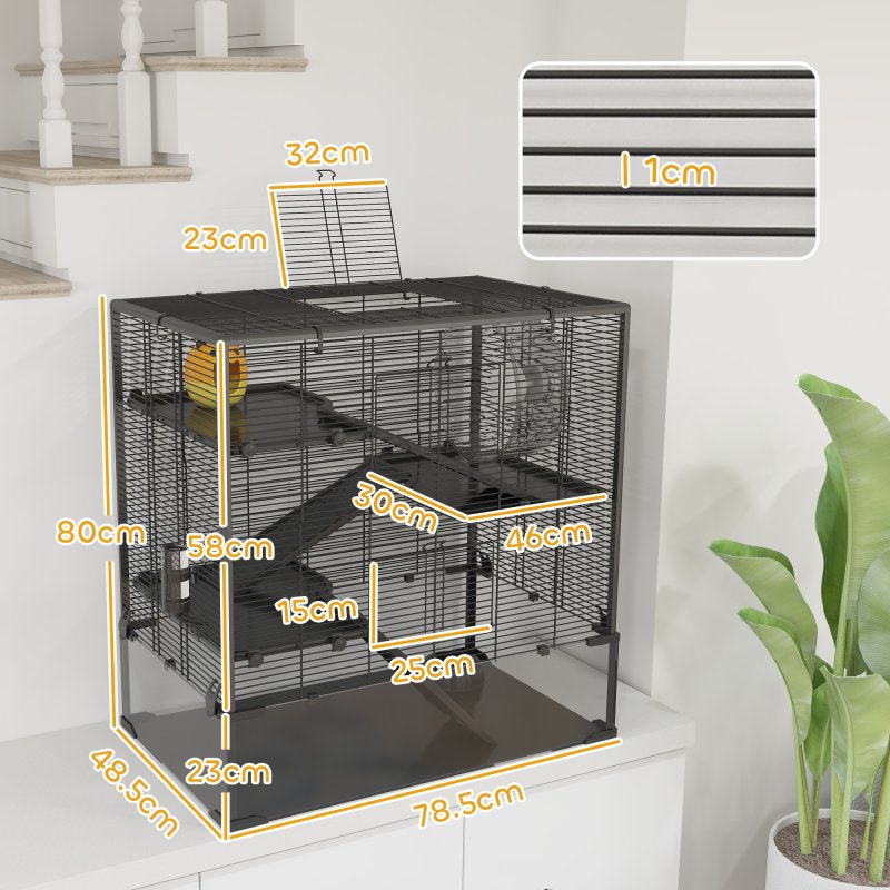 PawHut Hamster Cage with Deep Tempered Glass Bottom, 4 Tier Large Hamster Tank with Hut, Running Wheel, Platforms, Ramps, Food Dish, Water Bottle, for Syrian, Dwarf, Rats, Gerbils, 78.5 x 48.5 x 80cm