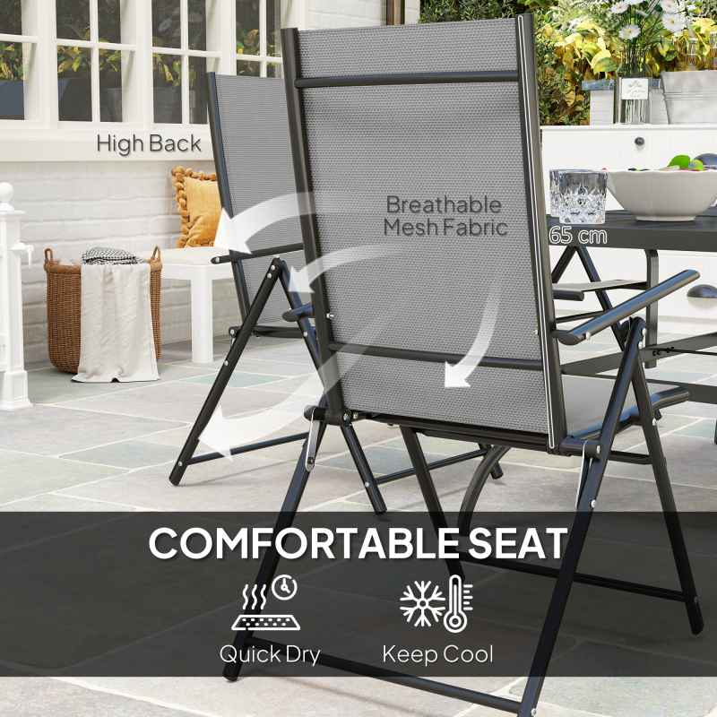 Outsunny 7 Pieces Garden Dining Set, 6 Seater Garden Furniture Set with Parasol Hole, Outdoor Dining Set with High Back Folding Chairs and Square Metal Top Table for Outdoor Patio, Grey