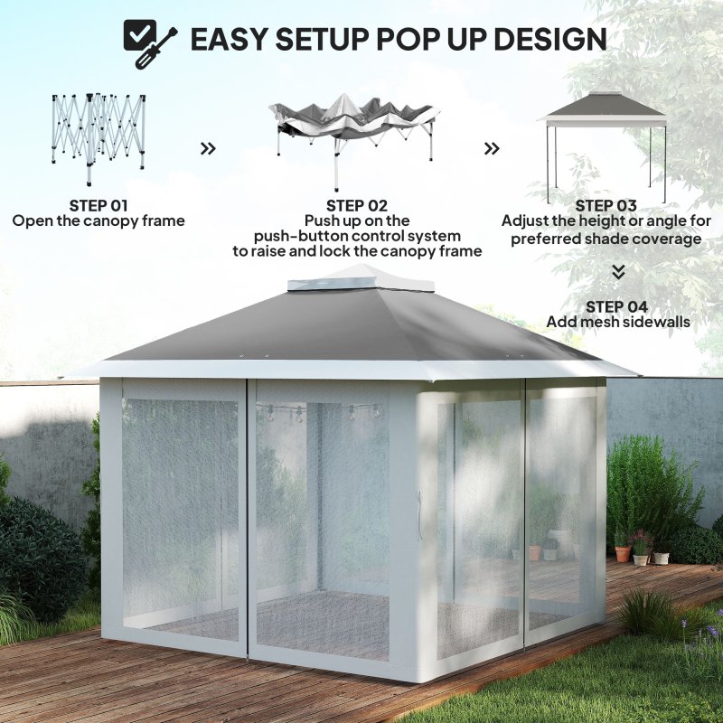 Outsunny 3.3 x 3.3m Pop Up Gazebo, Double Roof Foldable Canopy Tent with Zipped Mesh Sidewalls, Height Adjustable and Carrying Bag, Event Tent for Patio Garden, Dark Grey