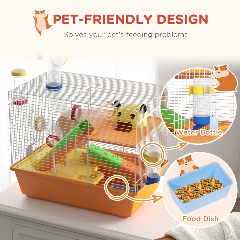 PawHut 3 Tiers Hamster Cage, Small Animal House with Tubes, Exercise Wheel, Ladder, Water Bottle, Dish, Hut, Top Handle, 45 x 28 x 37cm - Orange