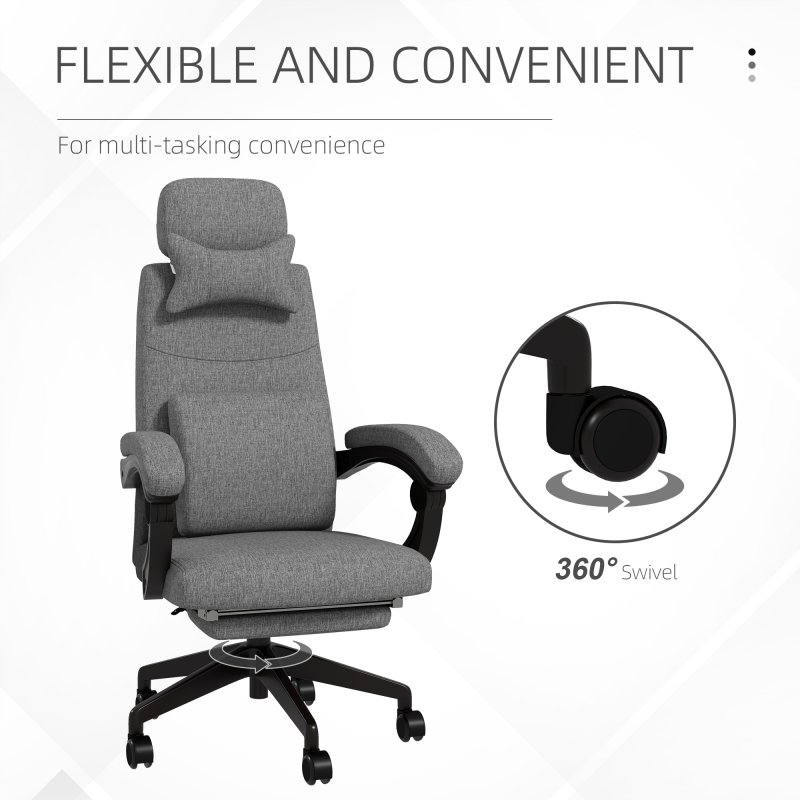 Vinsetto Office Chair, Ergonomic Desk Chair, High Back Fabric Work Chair with 160° Reclining Backrest, Retractable Footrest, Neck and Lumbar Pillow for Home and Study, Dark Grey