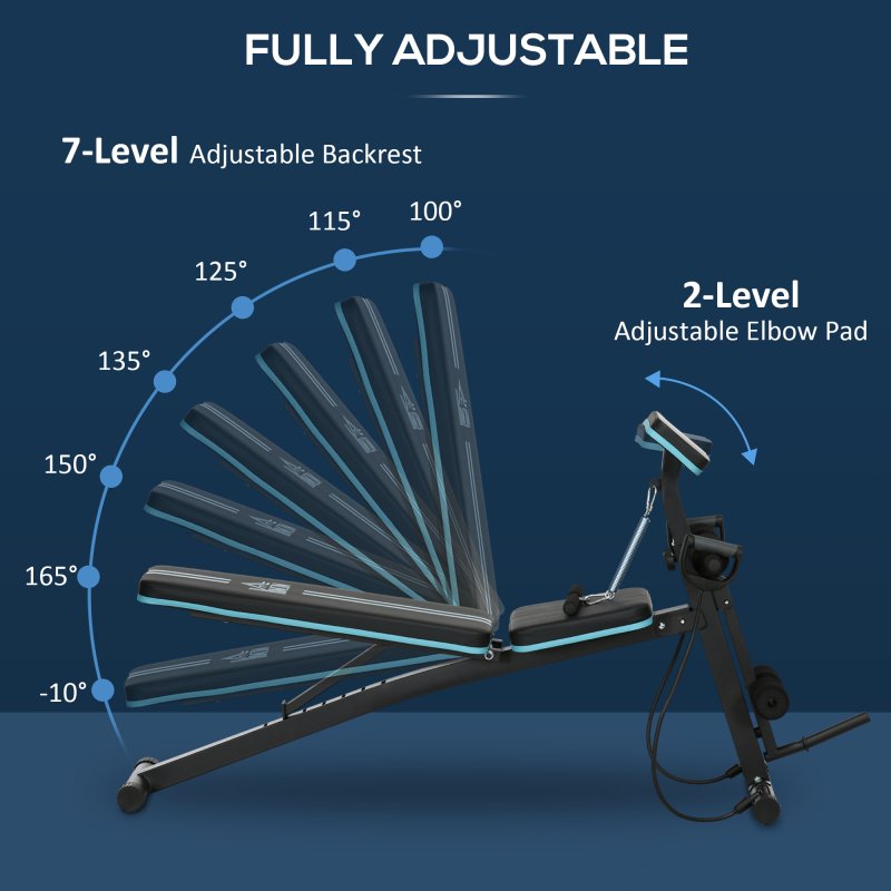 HOMCOM Foldable Weight Bench, Strength Training Sit Up Bench, Incline Decline Bench with 7-Level Backrest, Leg Extension Machine, Preacher Pad and Resistance Band for Home Gym Workout, Blue