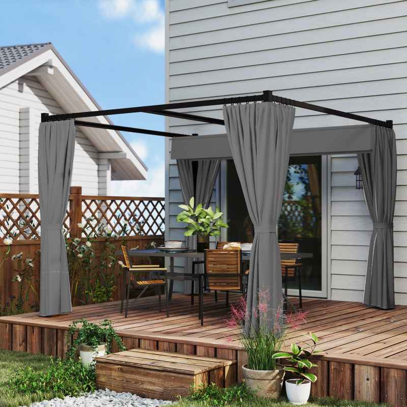 Outsunny 3 x 3(m) Pergola with Retractable Roof Canopy and Curtains, Metal Frame Garden Gazebo Outdoor Sun Shade Shelter for Grill, Patio, Deck, Light Grey