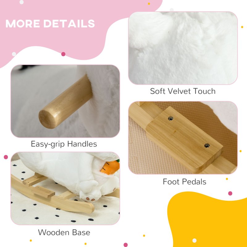 HOMCOM Kids Rocking Horse, Plush Rabbit-Shaped Baby Rocking Animal w/ Carrot Toy, Safety Harness, Realistic Sounds, Foot Pedals, for Toddlers Aged 18-36 Months - White