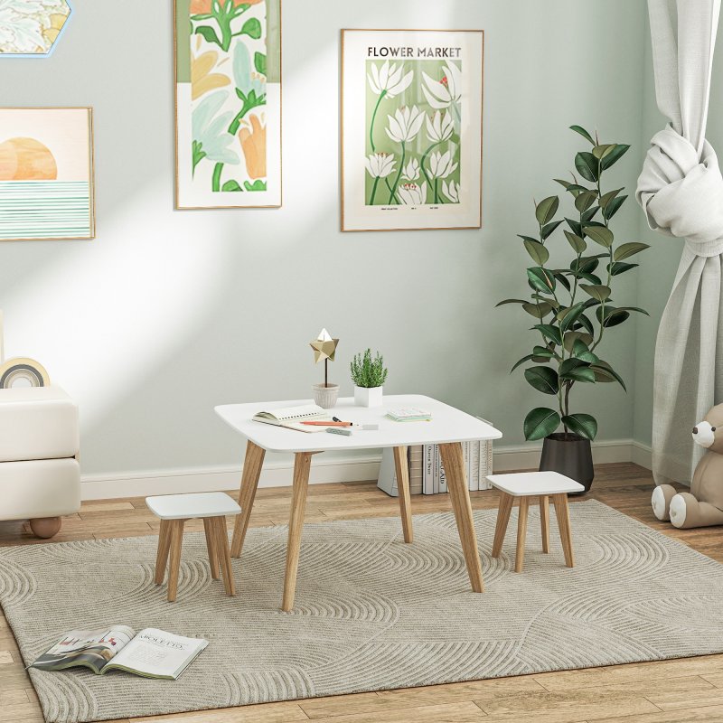 AIYAPLAY Kids Table and Chair Set, 3-Piece Toddler Furniture Set, Activity Play Table Chair Set for Playroom, Bedroom, Nursery, Classroom, for Ages 3-8 Years, White