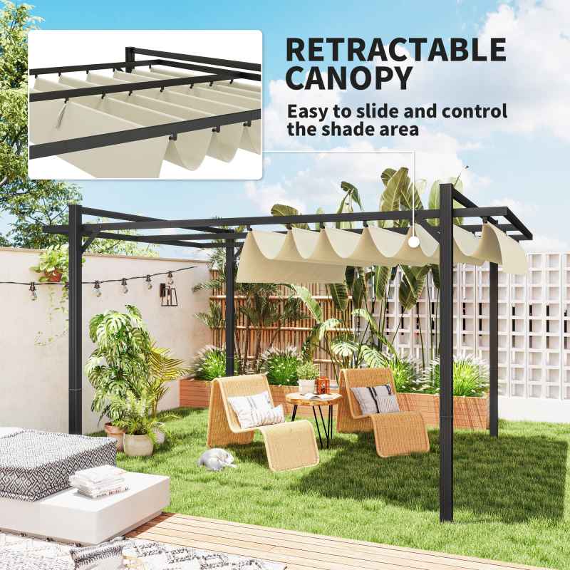 Outsunny 3 x 4m Pergola with Retractable Roof Canopy, Aluminium Frame Garden Gazebo Outdoor Sun Shade Shelter for Grill, Patio, Deck, Khaki