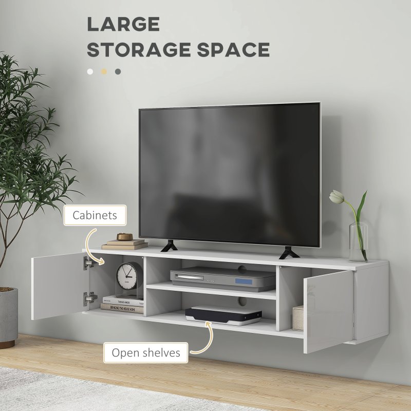 HOMCOM Floating TV Stand Cabinet for TVs up to 60", Wall Mounted TV Unit with Open Shelf, Storage Cupboards and Cable Management for Living Room