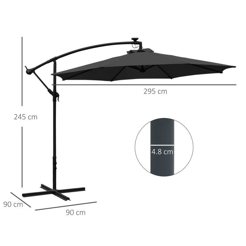 Outsunny 3(m) Banana Cantilever Parasol with Solar LED Lights, Garden Umbrella with Cross Base and Crank Handle, Hanging Offset Sun Shade for Outdoor, Patio, Black