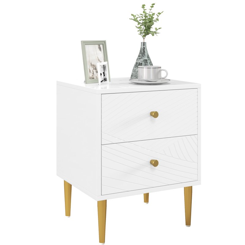 HOMCOM Bedside Table with 2 Drawers, Modern Side Table with Curved Line Panels and Metal Legs for Bedroom, Living Room, White