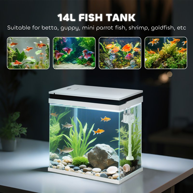PawHut Fish Tank, 14L Glass Aquarium with Filter System, LED Lights, Water Pump, Betta Fish Tank for Goldfish, Shrimps, White