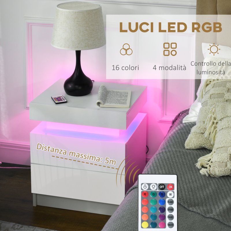 HOMCOM High Gloss Front Bedside Table, Nightstand with RGB LED Light and 2 Drawers, Chest of Drawers for Bedroom, Living Room, White