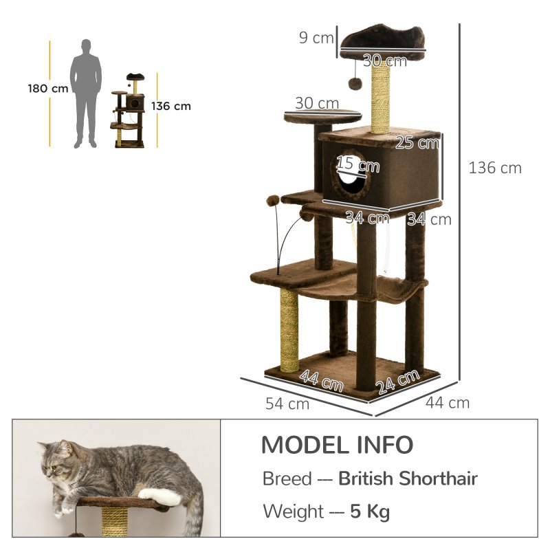 PawHut 136cm Cat Tree for Indoor Cats, Cat Tower with Scratching Posts, Hammock, Toy Ball, Cat House, Platforms - Brown