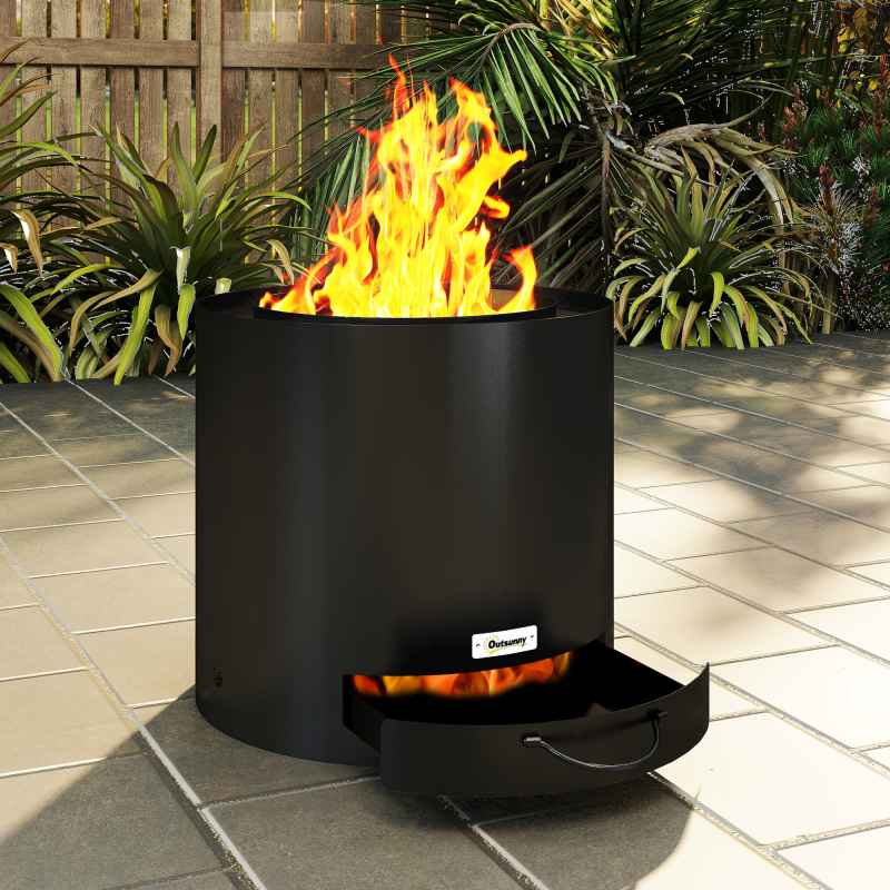 Outsunny Outdoor Round Fire Pit with Ash Tray, Wood Burning Firepit with Fire Poker for Patio Bonfire BBQ Camping, Black