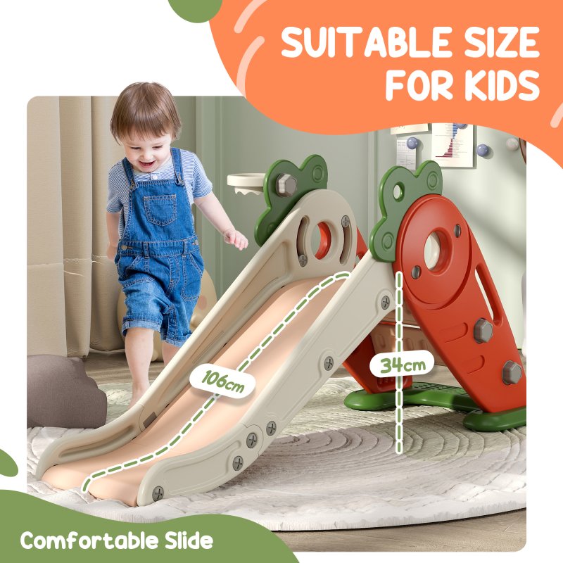 AIYAPLAY Kids Slide, 3 in 1 Foldable Toddler Slide with Basketball Hoop, Climber, Carrot-themed Indoor Slide for 1-3 Years Old, Orange