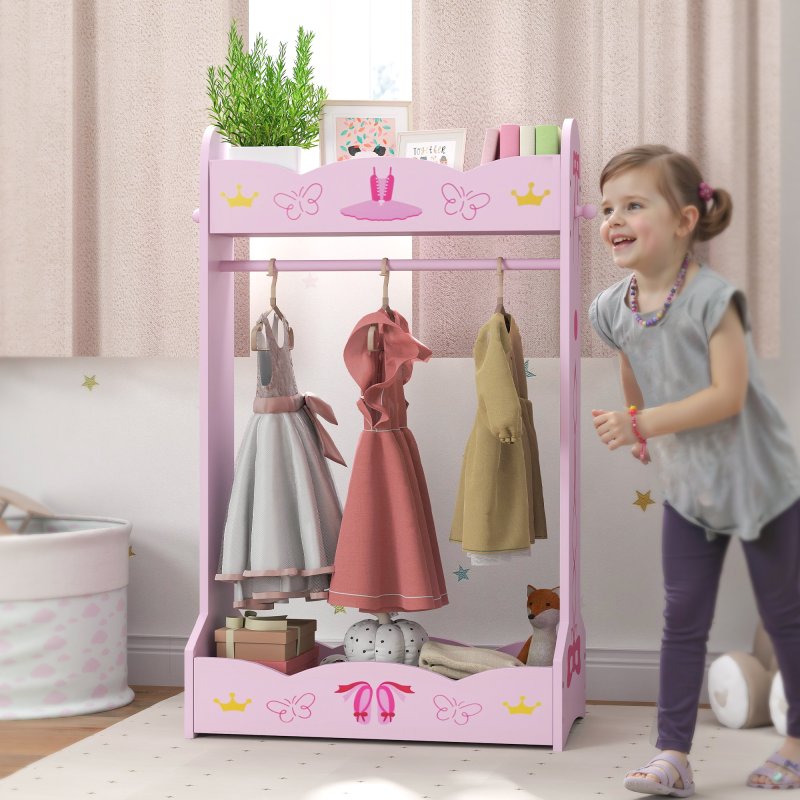 AIYAPLAY Wooden Kids Clothes Rail, Dress Up Rail with Top, Bottom Storage Shelves, for 3 Years+, 70 x 37 x 103cm, Pink