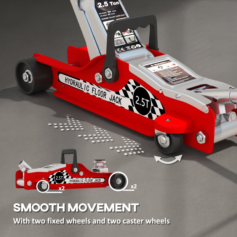 HOMCOM Hydraulic Low Profile Floor Jack, 2.5 Tonne Heavy Duty Steel Trolley Car Jack Lift with 80-360 mm Lifting Range, Wheels, Top Handle, Red