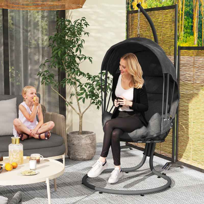 Outsunny Hanging Egg Chair with Cushion and Retractable Canopy, Swing Hammock Chair with Adjustable Metal Stand, for Indoor and Outdoor, Grey