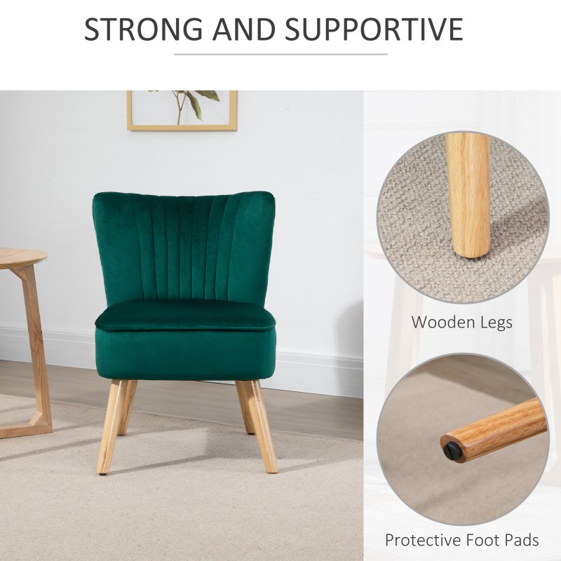 HOMCOM Velvet Accent Chair Occasional Tub Seat Padding Curved Back with Wood Frame Legs Home Furniture Green