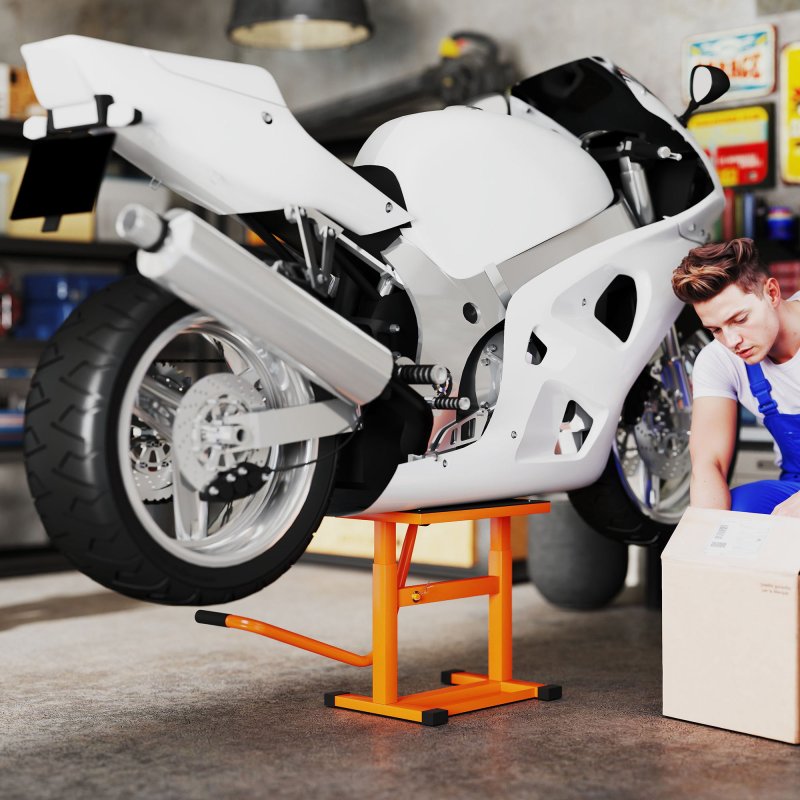 DURHAND 150KG Steel Motorcycle Lift Rubber Platform, Crank Lift Manual Repair Clean Hoist Table Assist Off-Road Dirt Bike Stand, 27.5/39.5H cm, Orange