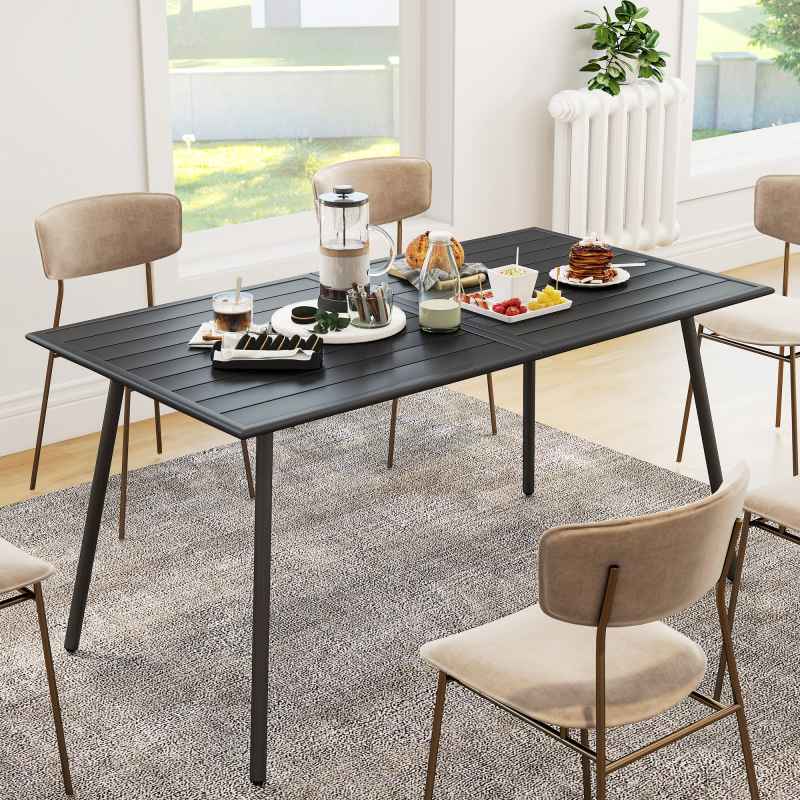 Outsunny Garden Dining Table for 6 Person, Rectangle Outdoor Table with Easy Clean Slat Top, Rust Resistant Steel Frame, for Terrace, Balcony, 150 x 80 x 74 cm, Black