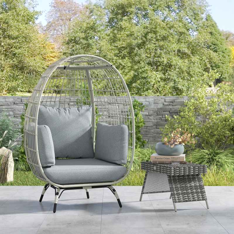 Outsunny Oversized Garden Egg Chair, Outdoor Wicker PE Rattan Chair with Thickened Padded Cushions and Pillows for Balcony, Porch, Charcoal Grey