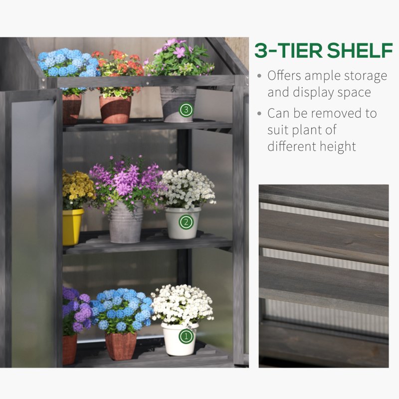 Outsunny Wooden Cold Frame Polycarbonate Greenhouse with Openable Top Cover and Double Door, Grow House for Flower, Vegetable and Plants, 70 x 50 x 120cm, Grey