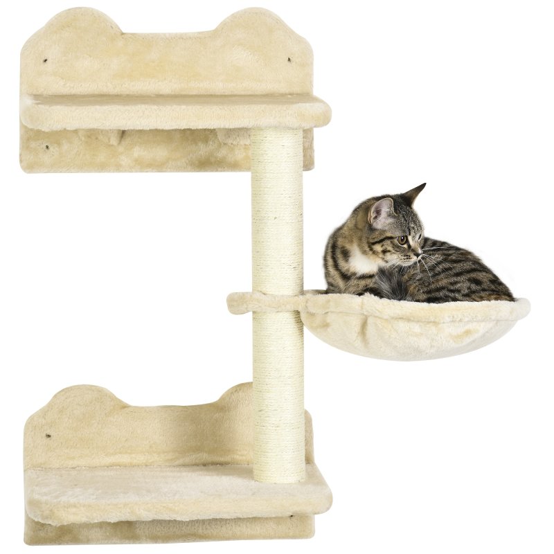 PawHut 4 Piece Cat Shelves Cat Wall Furniture Wall-Mounted Cat Tree for Indoor Cat w/ Hammock, Steps, Platforms, Scratching Post - Beige