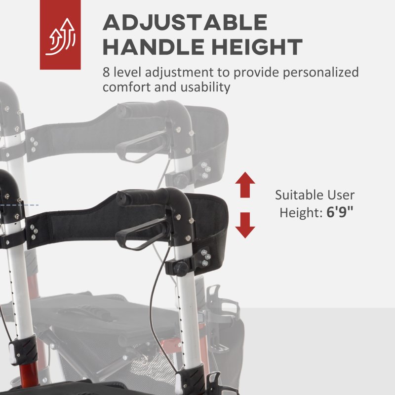 HOMCOM Folding Rollator Walker with Seat and Backrest, for Tall Over 6'9", Lightweight Walking Frame with Storage Bag, Dual Brakes, Adjustable Handle Height, Cane Holder, 4 Wheeled Walker for Seniors