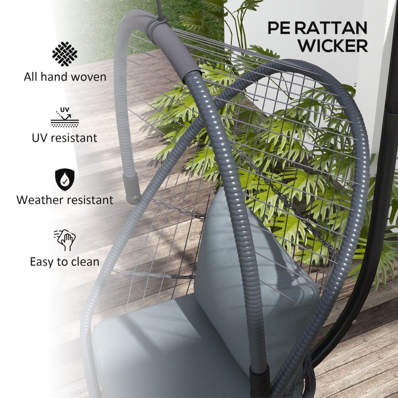 Outsunny Outdoor PE Rattan Swing Chair with Cushion, Foldable Basket Patio Hanging Chair with Metal Stand, 360 degree Rotation Spring Hook, Basket Height Adjust with Metal Chain, Grey