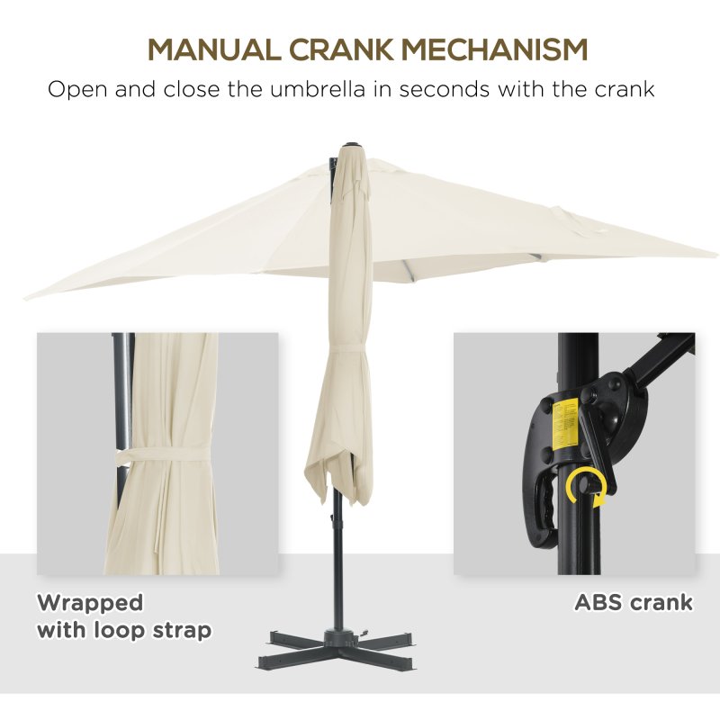 Outsunny 2.5 x 2.5m Patio Offset Parasol Umbrella Cantilever Hanging Aluminium Sun Shade Canopy Shelter 360 Rotation with Crank Handle and Cross Base, Cream White
