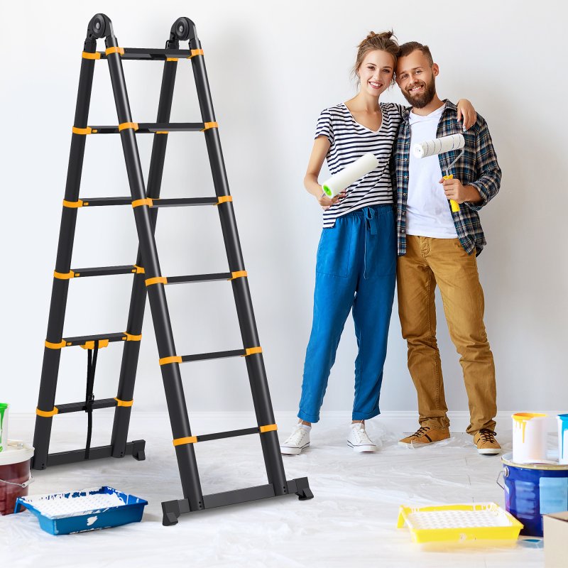 HOMCOM 3.8M Duo Aluminium Ladder with 12 Non-Slip Steps, Tool Holder Herringbone Deployed Extendable DIY with Climbing Platform, Yellow