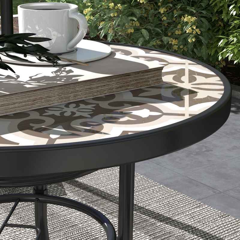 Outsunny ??60 cm Garden Round Coffee Table,  Outdoor Side Table with Tempered Glass Printed Table Top and Foot Pads for Porch, Balcony, Tan Brown