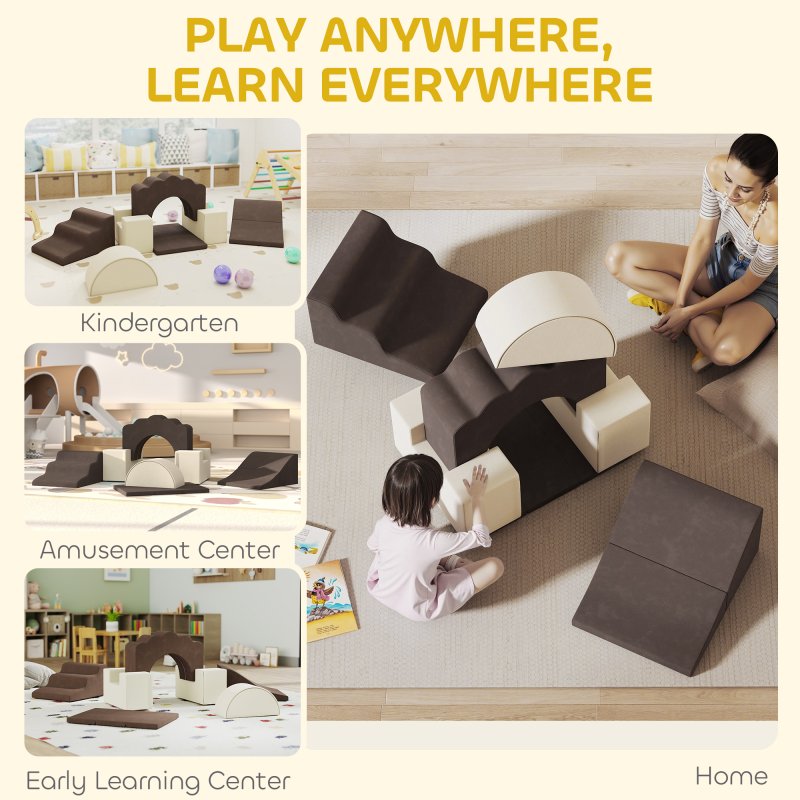 AIYAPLAY Kids Soft Play Set, 7 Piece Foam Climbing Blocks with Detachable Cover, Baby Indoor Climb and Crawl Foam Play Set for Toddlers, Preschoolers, Brown