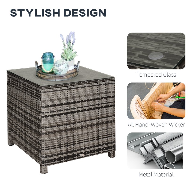 Outsunny Patio PE Rattan Side Table, Square Outdoor Coffee Table w/ Tempered Glass Top, Mixed Grey