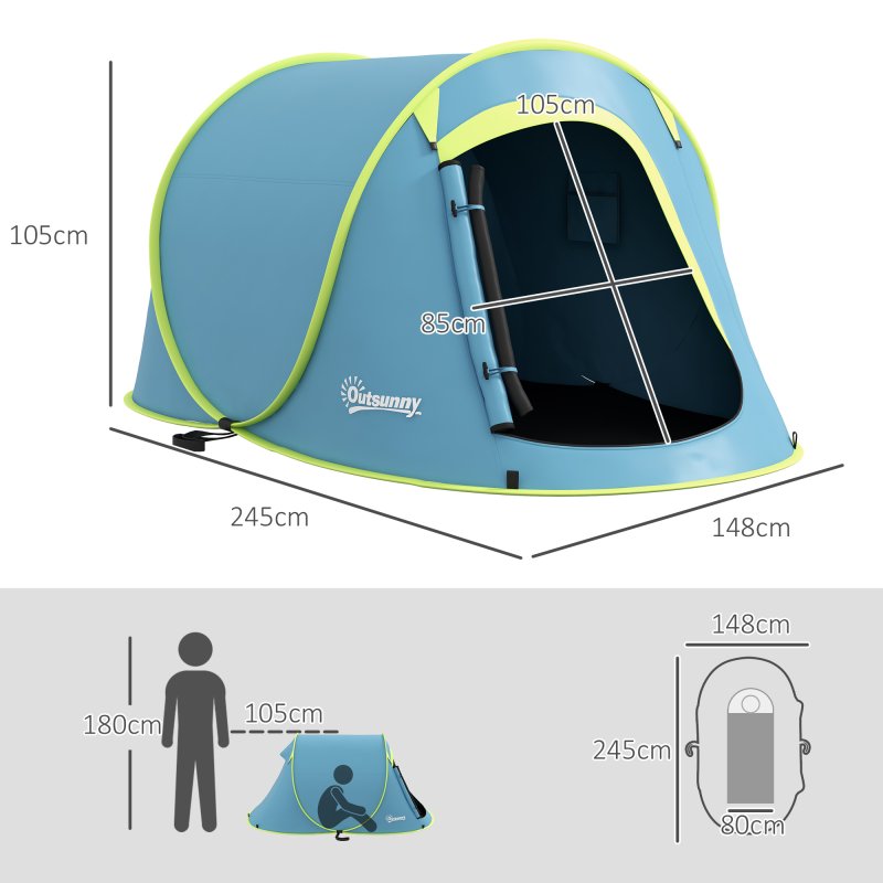 Outsunny 2 Man Pop up Tent, Camping Tent, 2000mm Waterproof with Portable Carry Bag for Fishing Hiking Backpacking, Blue