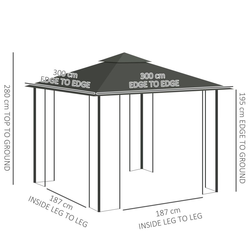 Outsunny 3(m) x 3(m) Garden Gazebo, Double Roof Outdoor Gazebo Canopy Shelter with Netting, Solid Steel Frame, for Garden, Lawn and Deck, Light Grey
