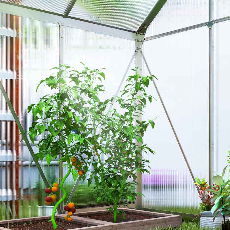 Outsunny Polycarbonate Greenhouse, Small Greenhouse with Adjustable Roof Vent, Garden Green House with Galvanised Base, Sliding Door and Rain Gutter,  192.5 x 131 x 200 cm, Silver Tone