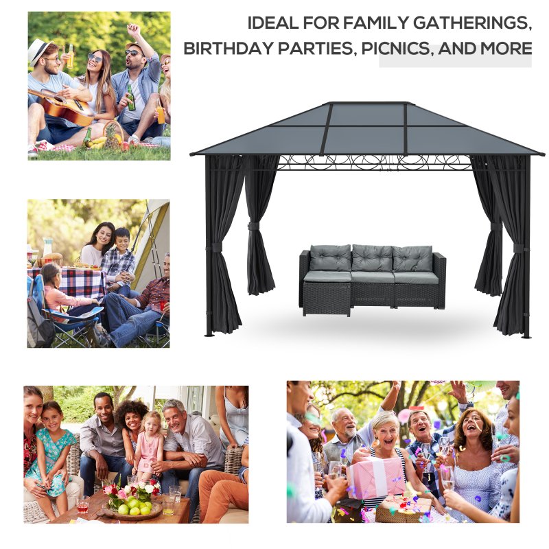 Outsunny 3 x 4m Hardtop Gazebo Canopy with Polycarbonate Roof, Permanent Pavilion Garden Gazebo with Curtains for Patio, Deck, Grey