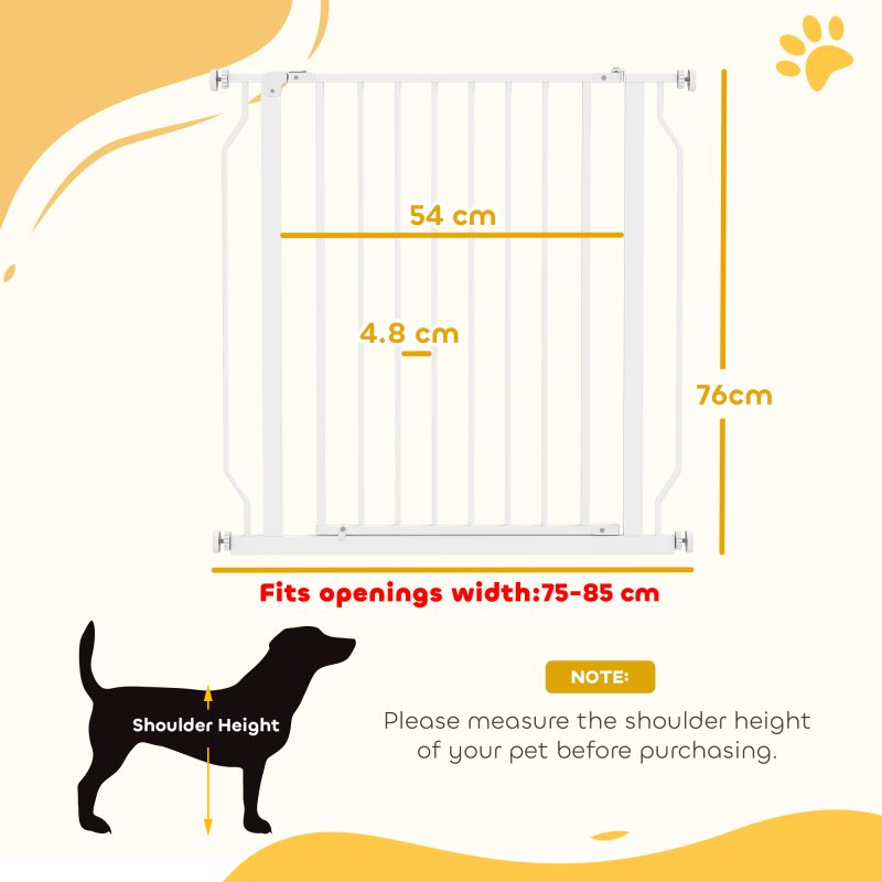 PawHut Dog Gate Wide Stair Gate w/ Door Pressure Fit Pets Barrier for Doorway, Hallway, 76H x 75-85W cm - White