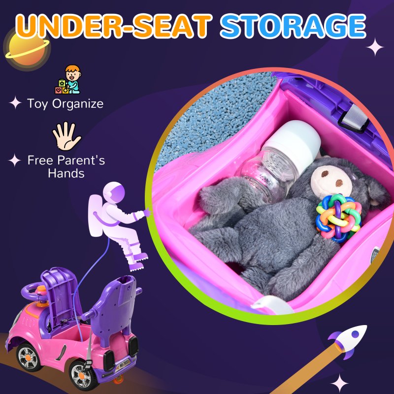 AIYAPLAY 3 in 1 Ride on Push Car, Cartoon Robot Theme Foot to Floor Slider, Baby Push Along Car with Parent Handle, Light Music Horn, Underneath Storage, for Boys Girls 12-36 Months - Pink