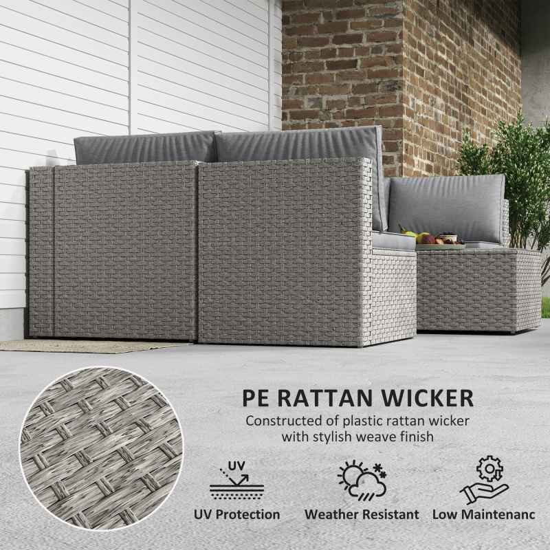 Outsunny 7 Pieces Rattan Garden Furniture Set, 6 Seater Garden Corner Sofa with Wide Seat, Cushions and Glass Top Table, Sectional Outdoor Furniture Conservatory Set for Patio, Grey