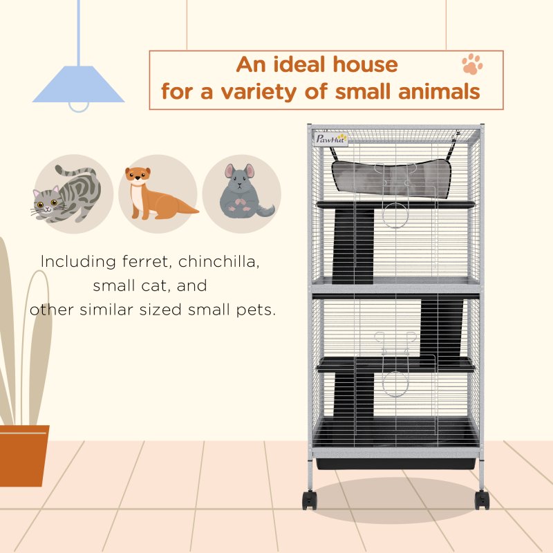 PawHut Small Animal Cage with Wheels Pet Home for Chinchillas Ferrets Kittens, with Hammock, 4 Platforms, Removable Tray, Light Grey