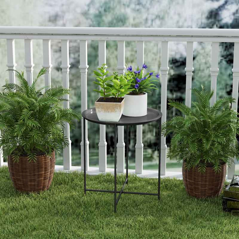 Outsunny 46cm Round Small Garden Table with Removable Tray and Folding Legs, Metal Garden Side Table, Indoor Outdoor Coffee Table End Table for Patio, Balcony, Porch, Black