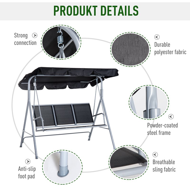 Outsunny 3 Seater Swing Chair, Garden Swing Bench with Adjustable Tilting Canopy, Breathable Mesh Seat and Heavy Duty Metal Frame for Patio, Yard, Black