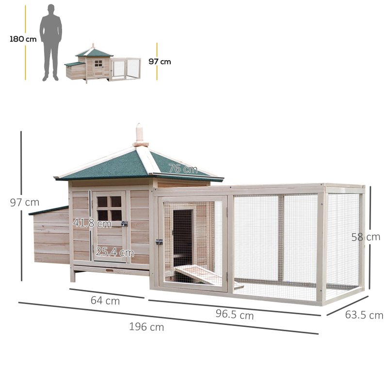 PawHut Chicken Coop with Chicken Run, Outdoor Hen House Poultry Cage with Nesting Box, Openable Top, 196 x 76 x 97cm, Natural