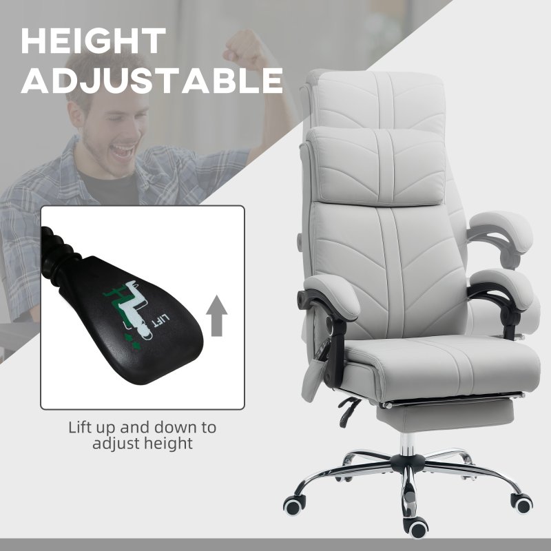 Vinsetto Office Chair with 4-point Vibration Massage and Heat, PU Leather High Back Recliner Desk Chair with Adjustable Height, Armrest, Footrest, Swivel Computer Chair for Home, Light Grey