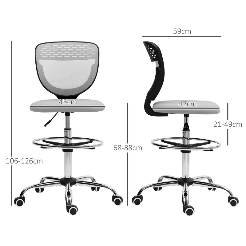 Vinsetto Drafting Chair, Swivel Office Draughtsman Chair, Mesh Standing Desk Chair with Adjustable Foot Ring, Armless, Light Grey