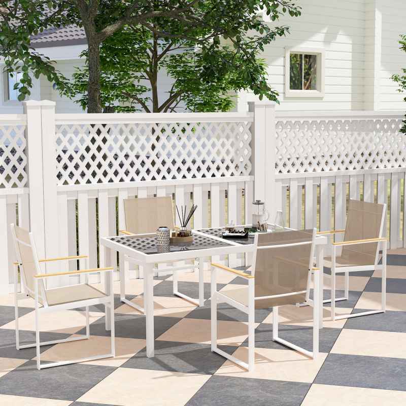 Outsunny 5 Piece Garden Table and Chairs, Outdoor Dining Set with Tempered Glass Table Top, 4 Armchairs with High Backrest, 4 Seater Garden Furniture Set for Deck, Balcony