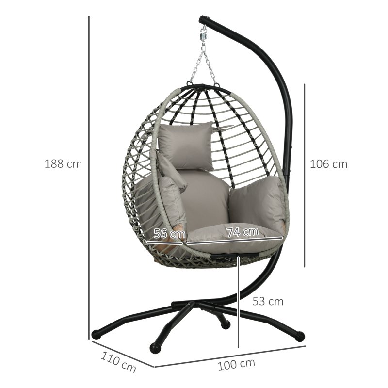Outsunny Outdoor Swing Chair with Thick Padded Cushion, Patio Hanging Egg Chair with Metal Stand, Foldable Basket, Cup Holder, Rope Structure for Indoor & Outdoor, Grey