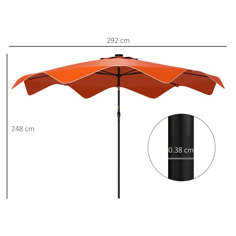 Outsunny 3(m) Garden Parasol Umbrella with 32 Solar LED Lights and Tilt, Outdoor Market Table Umbrella Sun Shade Canopy with Crank, 8 Ribs, Orange